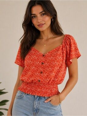 Monteau Orange Floral Button-Front Smocked Waist Top
